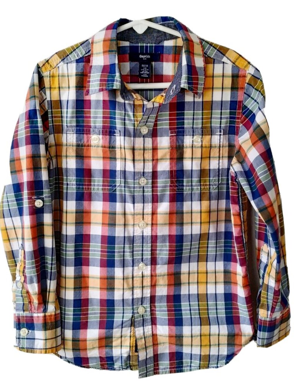 GAP Kids Boys Plaid Shirt Sz S Small Roll tab Button Down Top Yellow blue red
